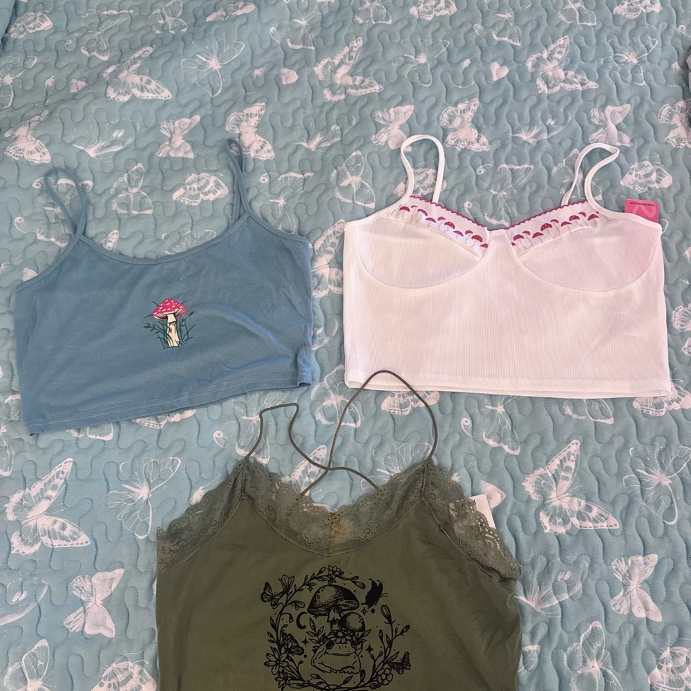 Blue, White, and Green mushrooms Crop Tops 2+1 free